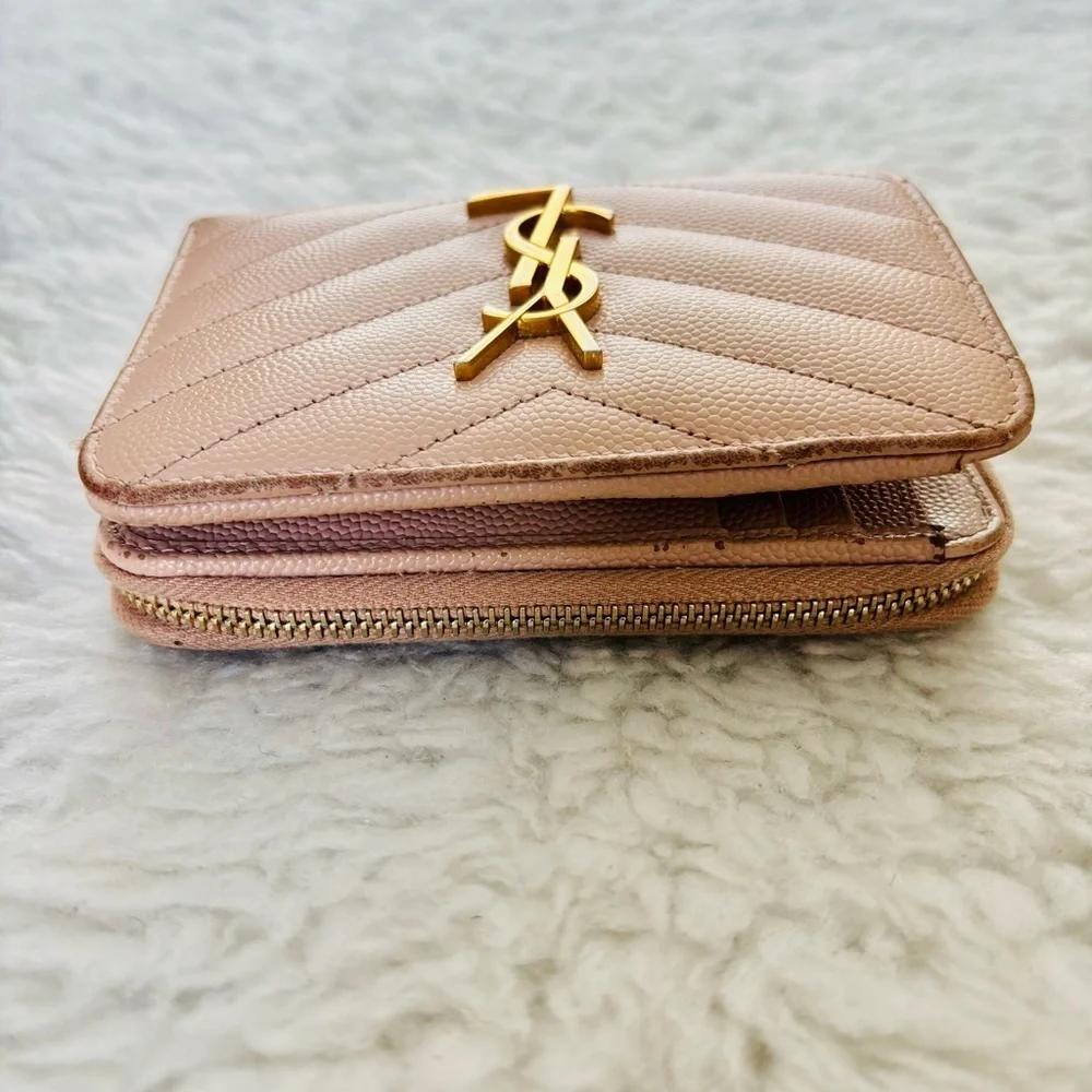 Yves Saint Laurent Cassandra Matellase Blush Grain Leather Compact Wallet